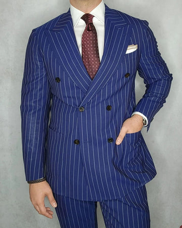 Aidase Navy Blue Men's Suit 2 Pieces Blazer Pants Double Breasted Peaked Lapel Pinstripes Business Modern Wedding Groom Costume Homme aidase-shop